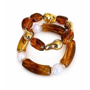 Tortoise Shell Color Resin Faux Pearl Gold Tone Chunky Stretch Bracelet Set 2PC